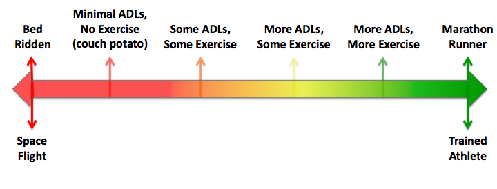Figure 1: The Exercise Continuum from Bed Rest to Trained Athlete. ADLs = Activities of Daily Living