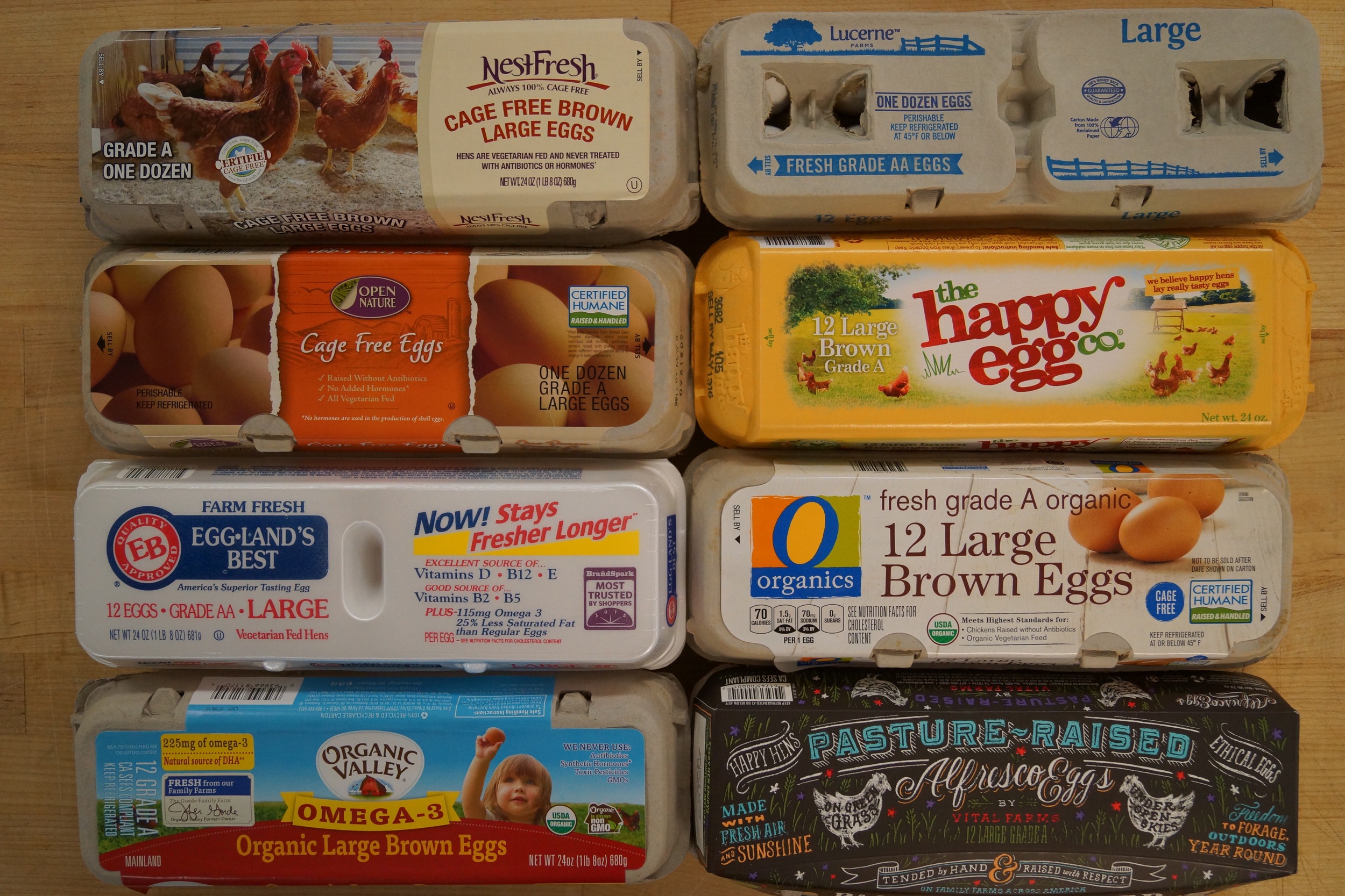 Figure 1. Egg Brands. Reading left to right, top to bottom. NestFresh, Lucerne, Open Nature Cage Free, the Happy Egg Co., Eggland&rsquo;s Best, O Organics, Organic Valley Omega-3, and Alfresco Pasture Raised Eggs by Vital Farms.