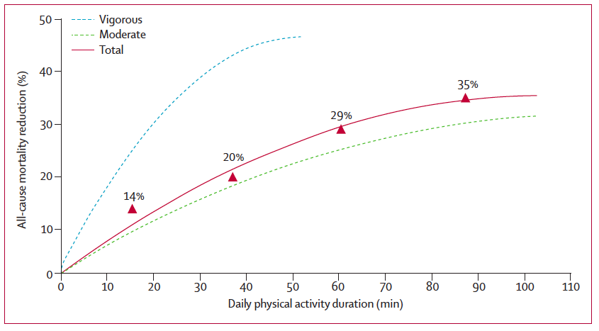 Daily physical activity duration and all-cause mortality reduction. Increasing physical activity reduces your risk of dying prematurely, even at a moderate intensity (i.e., brisk walking).