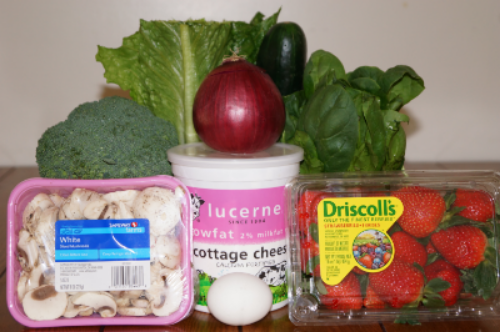 green leafy vegetables, cucumber, broccoli, high quality protein, and strawberries